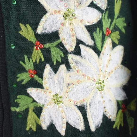 Ugly Christmas Dark Green Floral Poinsettias Cardigan Women's Small - Picture 8 of 10